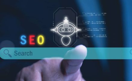 A businessman uses finger points on the search bar, highlighting the interactive nature of modern digital marketing tools.