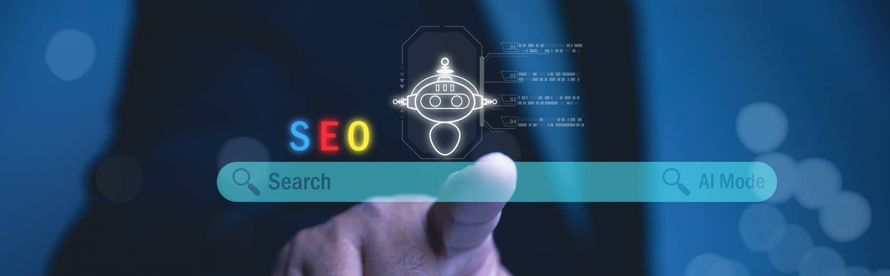 A businessman uses finger points on the search bar, highlighting the interactive nature of modern digital marketing tools.