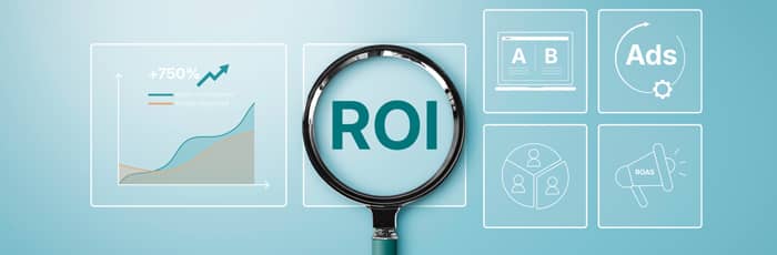Graphic showing marketing data with a magnifying glass.