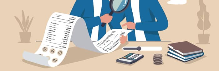 2D graphic of people using a magnifying glass to look at a long list.
