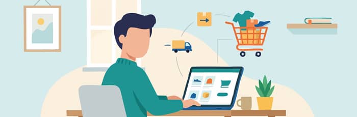 Graphic of a person using a laptop on the customer journey.