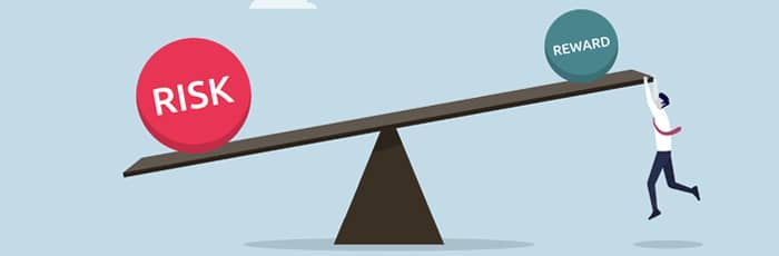 Graphic of a person balancing on a platform for risk vs reward.