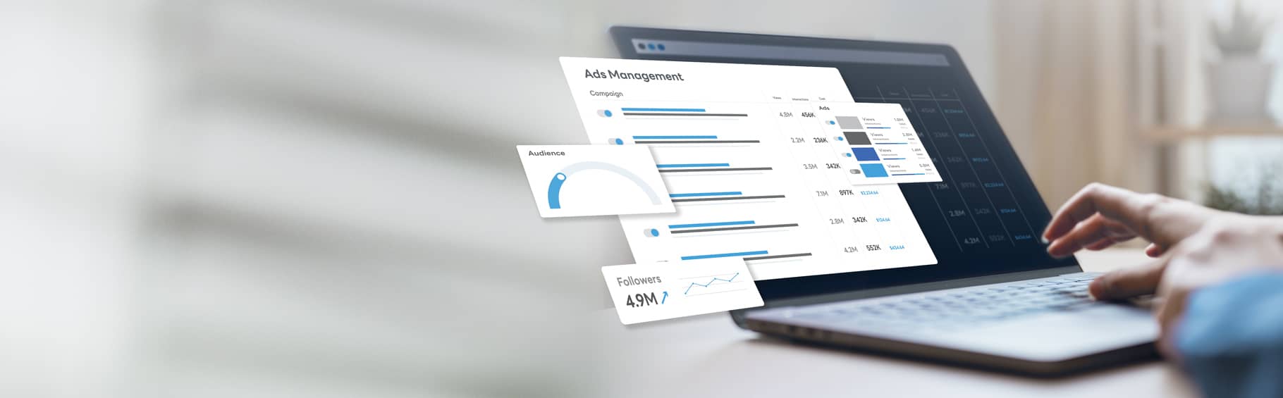 Graphic of a person on laptop viewing digital marketing metrics.